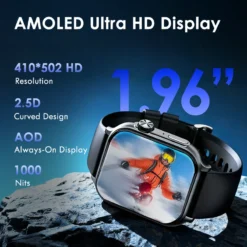 Waterproof smartwatch with heart rate and health monitoring features.